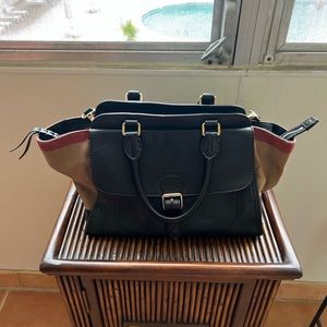 Authentic Burberry Shoulder Bag. Black Leather/Tan Cloth.